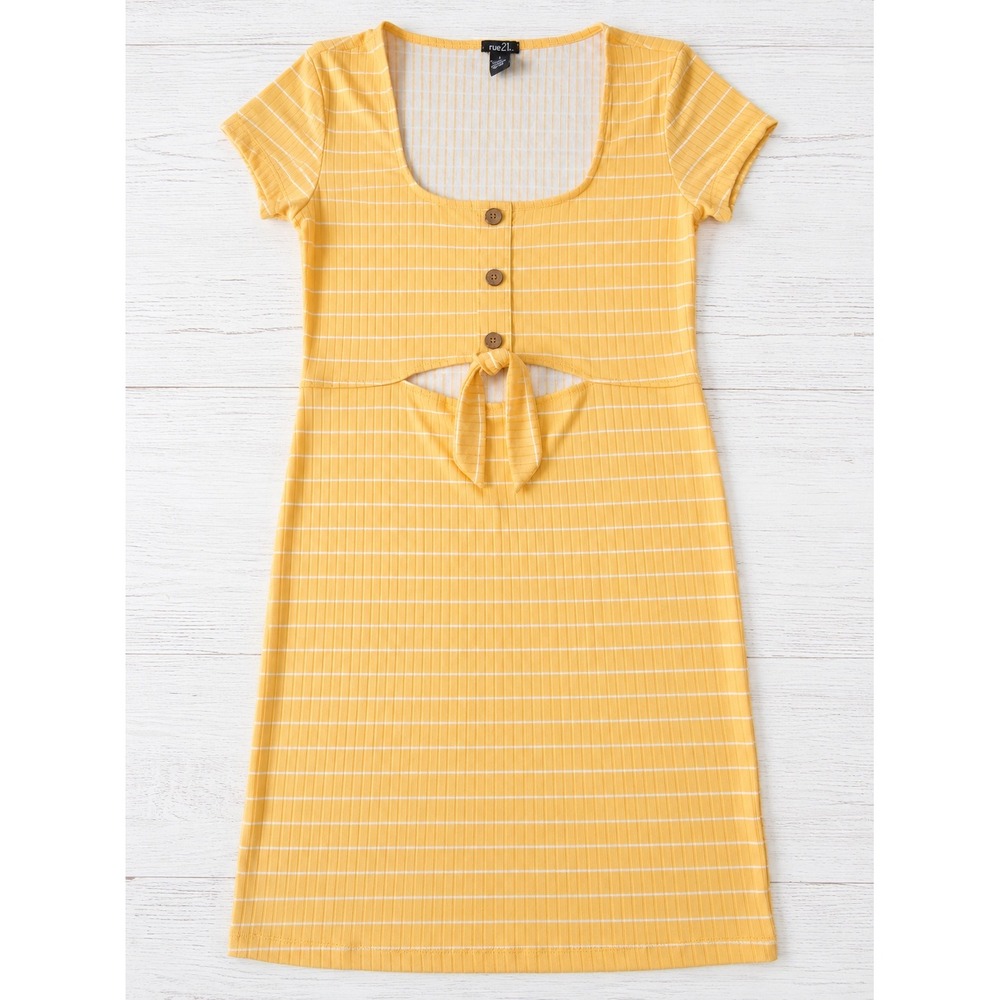 Rue21 Womens Yellow White Striped Ribbed Cutout Tie Front Bodycon Dress Large